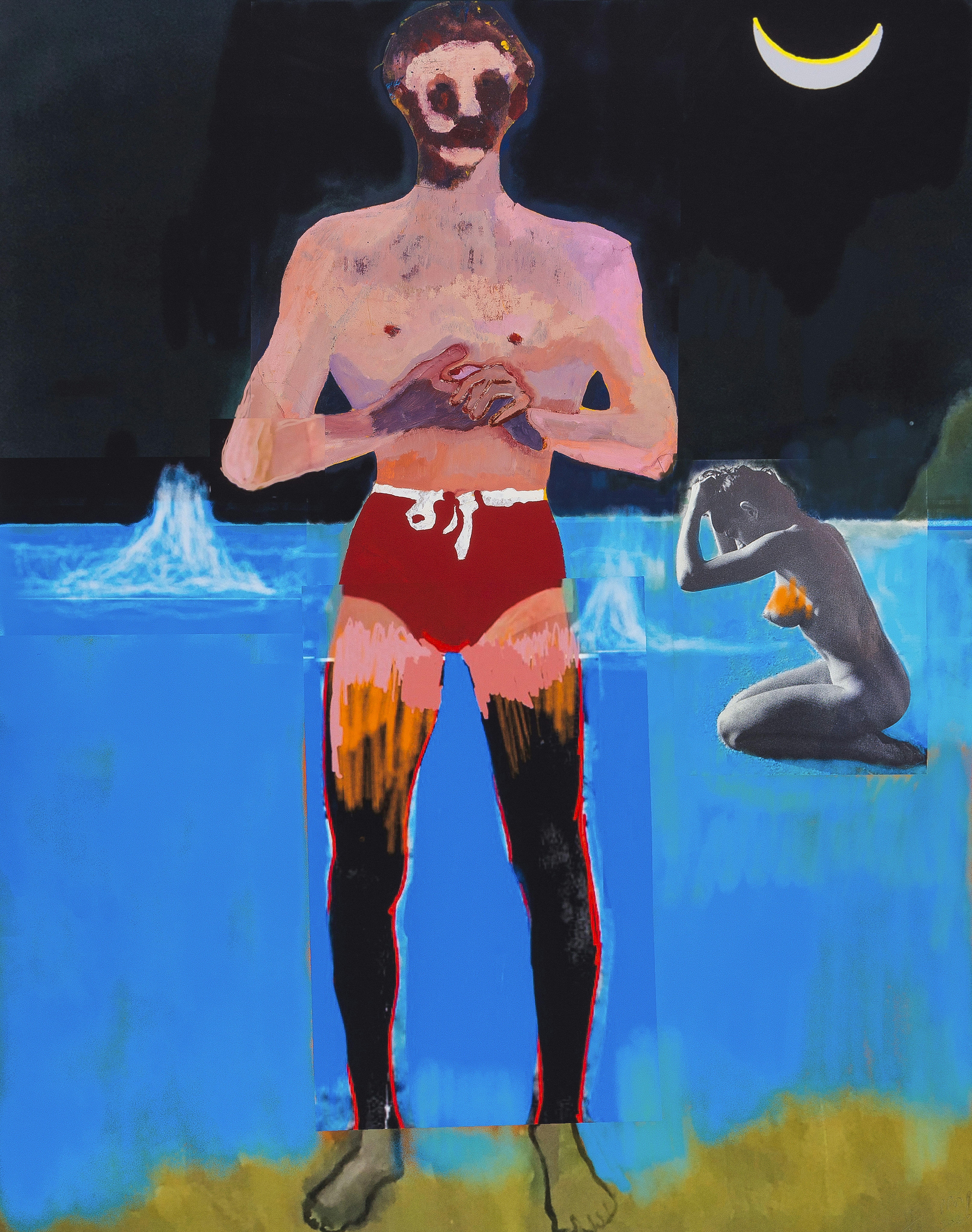 Digital pigment print in colours by Peter Doig depicting man with red swimsuit and naked woman in front of the sea at night