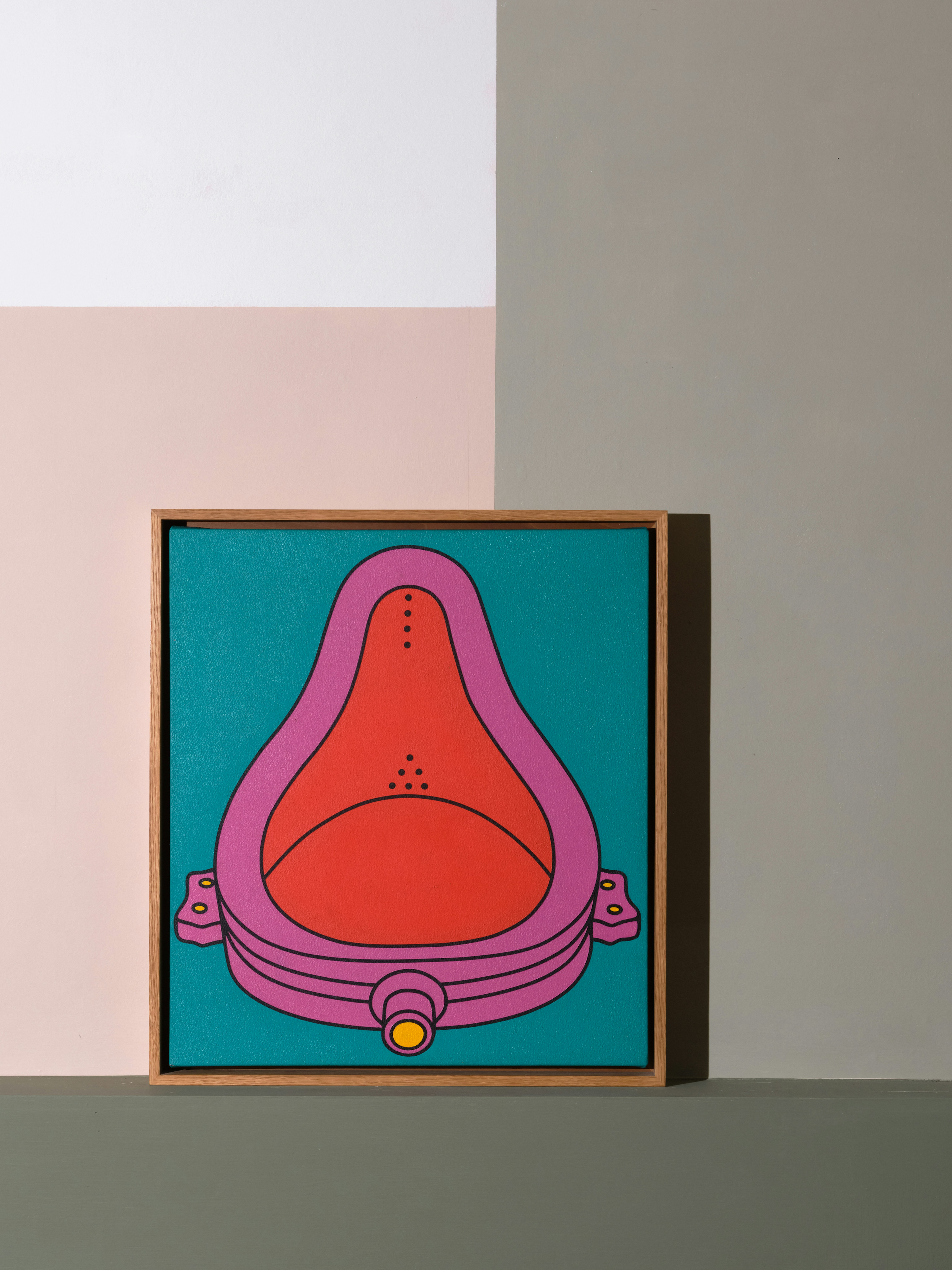 Installation photo of framed acrylic on canvas by Michael Craig-Martin depicting a pop coloured urinal in pink, red and yellow on contrasting turquoise green background.