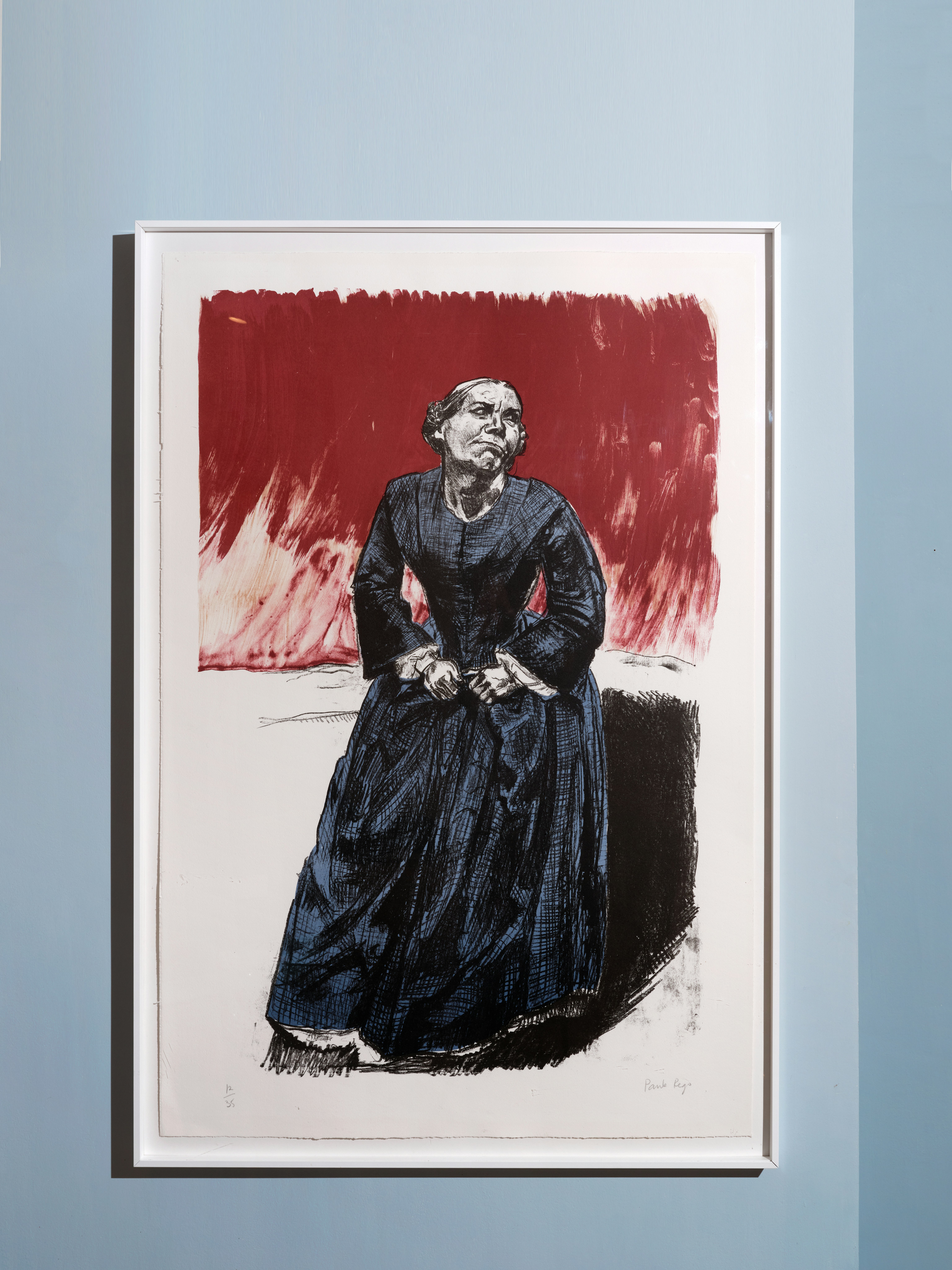 installation photograph of lithograph by Paula Rego depicting a frontal full body portrait of Jayne Eyre in dark blue dress with deep red flames in background