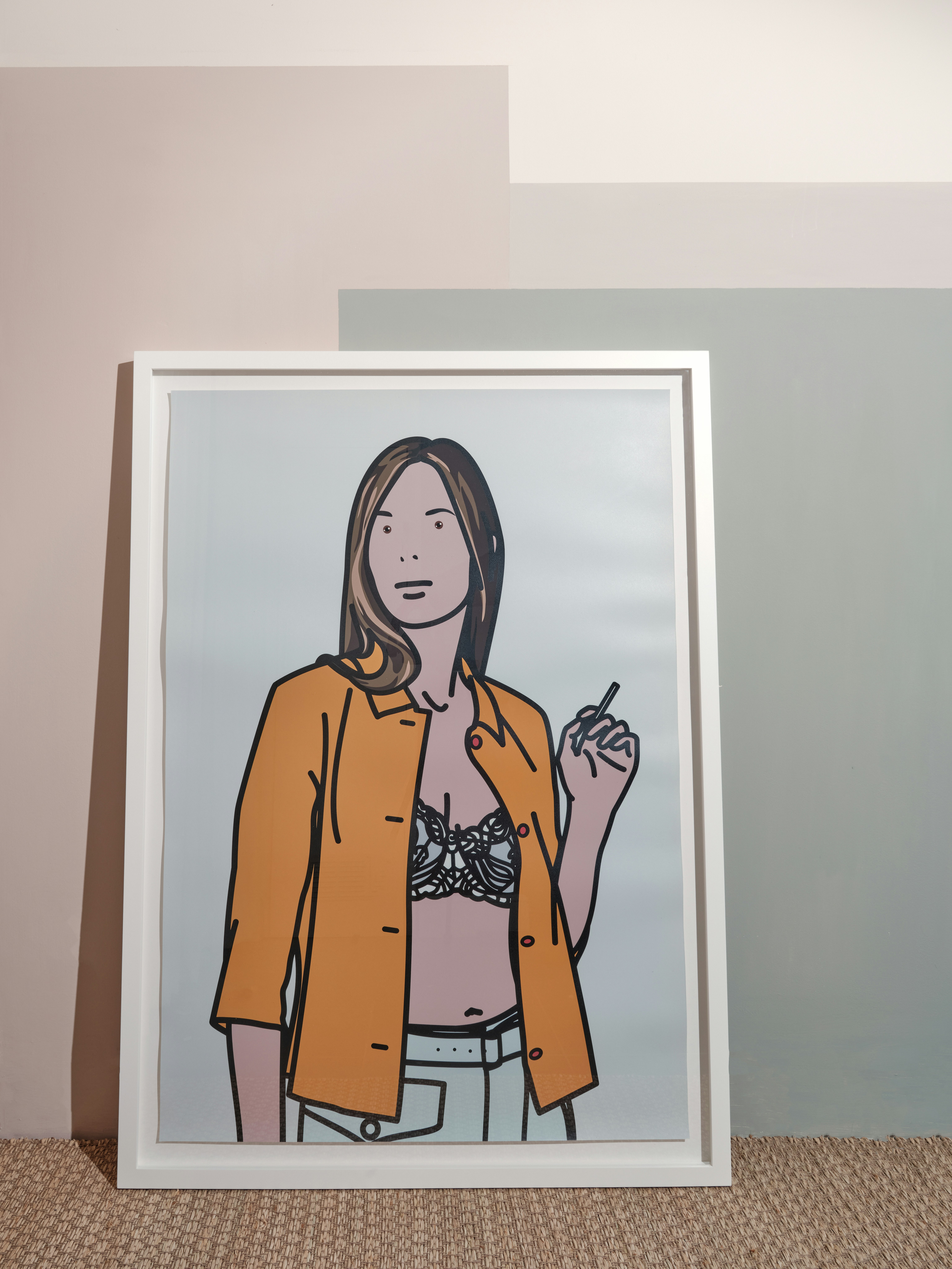 installation photograph of screenprint by Julian Opie depicting woman with orange open button down and visible lace bra smoking
