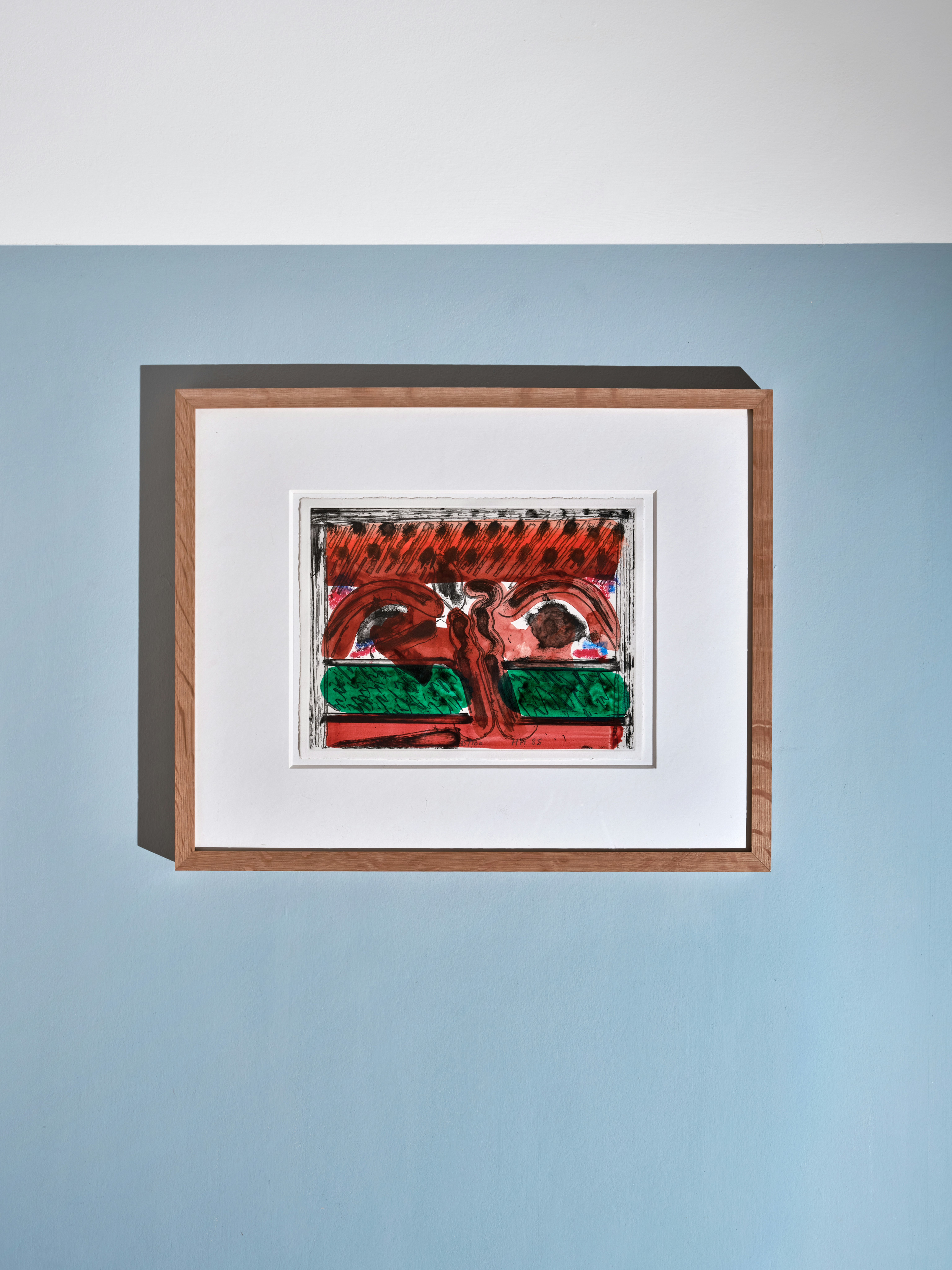 installation photogrqaph of soft-ground etching printed with hand colouring by Howard Hodgkin depicting abstract impression of David Hockney in Hollywood in handmade oak frame in situ