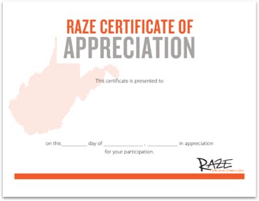 Raze Certificate of Appreciation