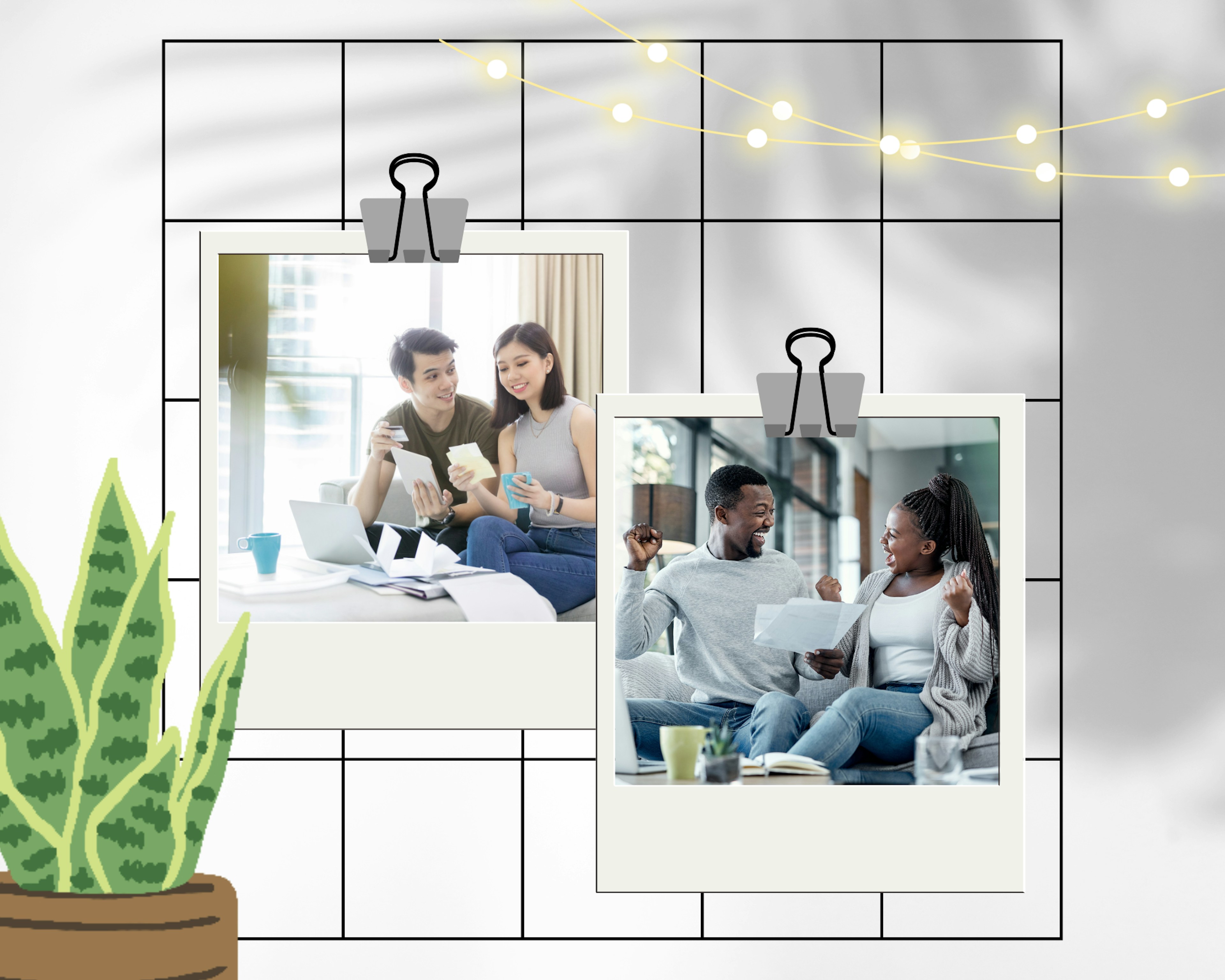 Uma ilustração criativa em estilo de colagem, apresentando duas fotos no formato Polaroid presas a um fundo de grade. As imagens mostram casais diversos e felizes analisando documentos financeiros com expressões de alívio e comemoração, simbolizando a conquista da estabilidade financeira e a superação do endividamento. A estética aconchegante e moderna é complementada por iluminação suave, plantas internas e luzes decorativas, reforçando os temas de segurança, esperança e bem-estar financeiro.