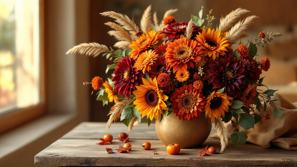 Weelderig herfst boeket met bordeauxrode dahlia's, oranje chrysanten en zonnebloemen op een eiken houten tafel