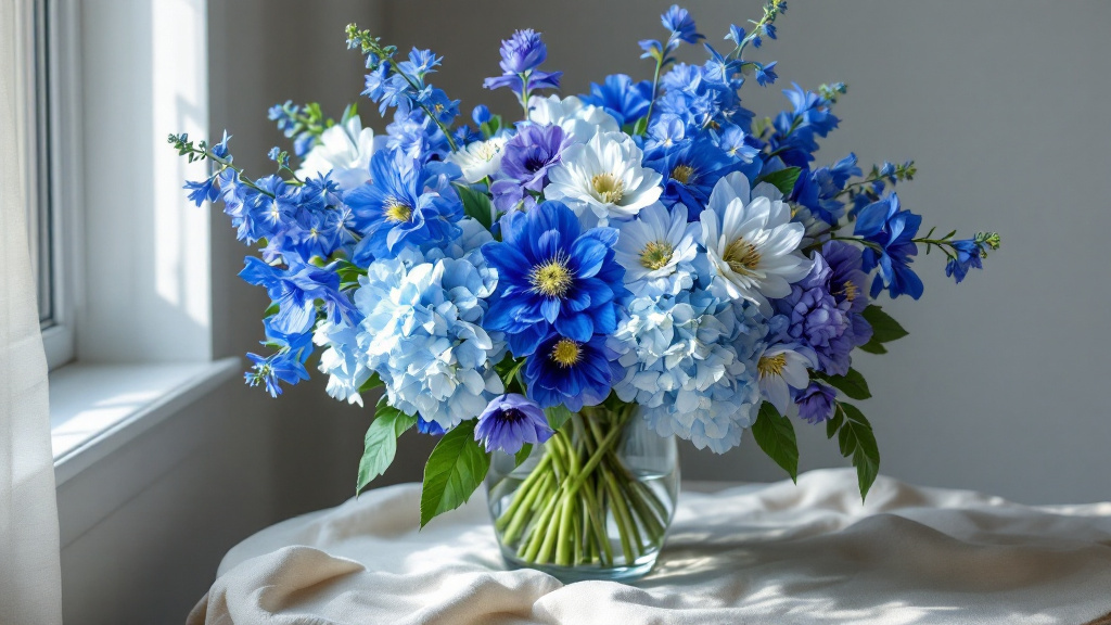 Blauw boeket met delfinium, hortensia en anemonen in glazen vaas — zeldzame blauwe bloemen met bijzondere betekenis