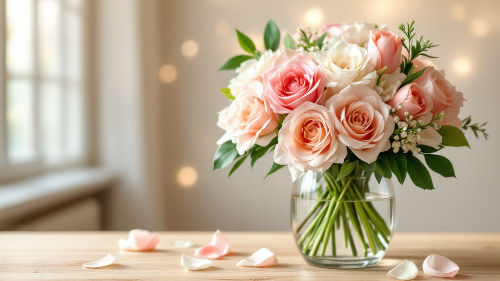 Fresh mixed bouquet with roses, tulips and alstroemeria in a glass vase on a wooden table — bouquet longevity in focus