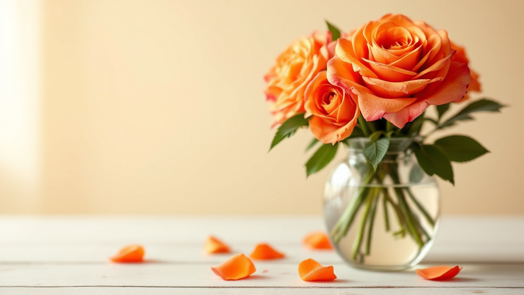 Oranje rozen in glazen vaas op houten tafel, verlicht door zacht daglicht — ideaal verzorgd voor een langere houdbaarheid