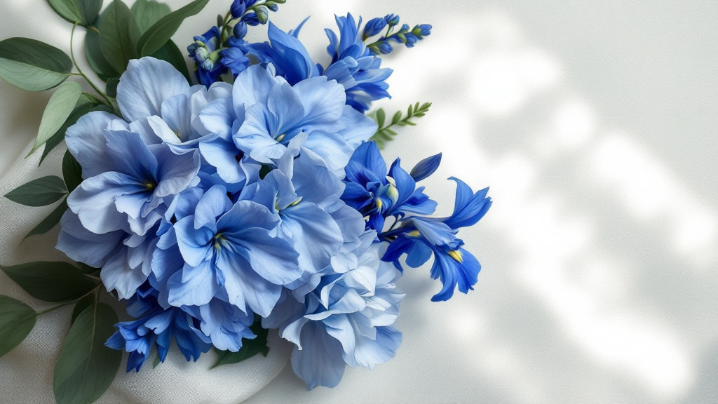 Blauw boeket met delphiniums, hortensia's en irissen op een crème linnen ondergrond — perfect voor elke gelegenheid