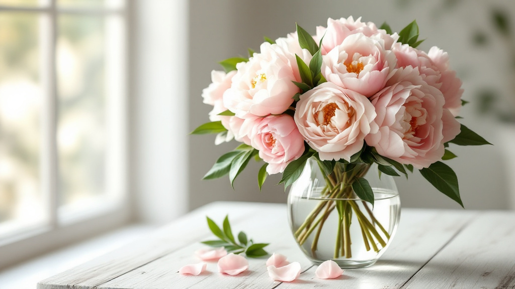 Roze en crème pioenrozen in glazen vaas op witte houten tafel — pioenrozen verzorgen voor langere bloei