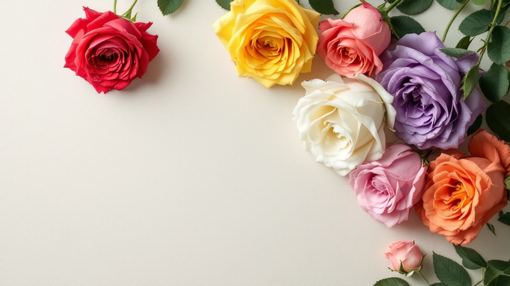 Zes rozen in rood, roze, wit, geel, lavendel en oranje op crème linnen — rozenkleur betekenis in één oogopslag