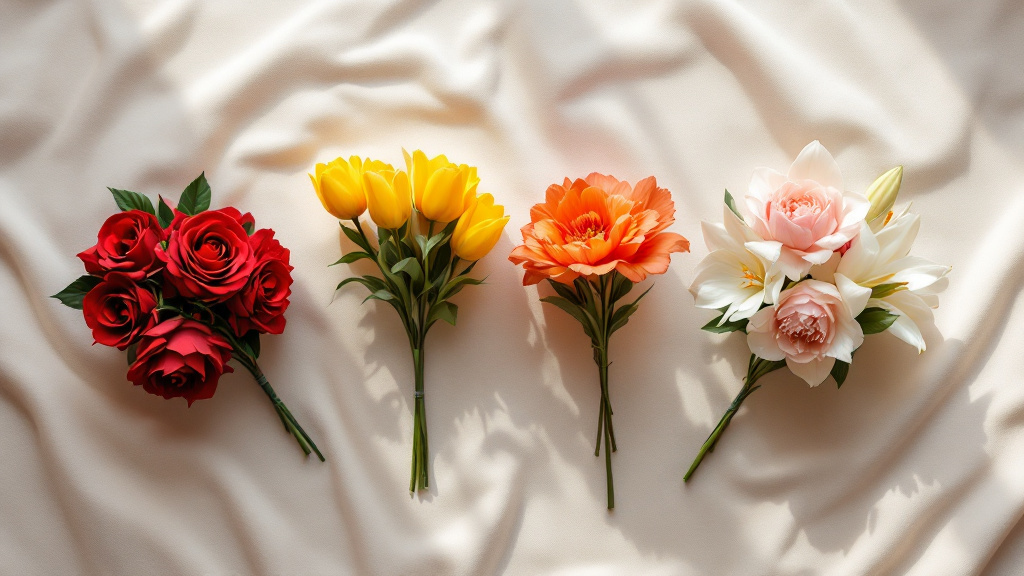 Four different bouquets on a linen background — roses, tulips, peonies and lilies — each suited to a different occasion.