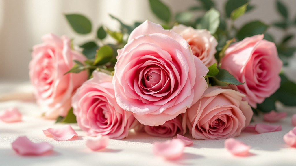 Roze rozen in tinten van lichtroze tot magenta close-up gefotografeerd op cremewitte achtergrond — roze rozen betekenis