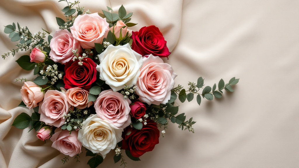 Gemengd rozenboeket met roze, rode, witte en perzikkleurige rozen op een crème linnen ondergrond, bovenaanzicht