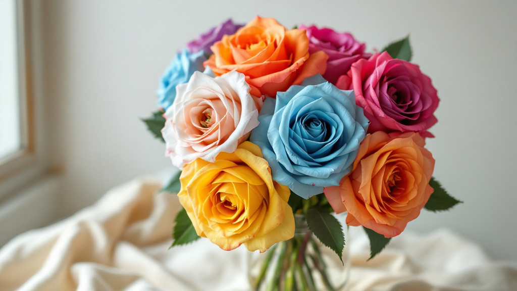 Kleurrijk boeket regenboog rozen in glas — violet, oranje, geel en roze tinten voor elke gelegenheid