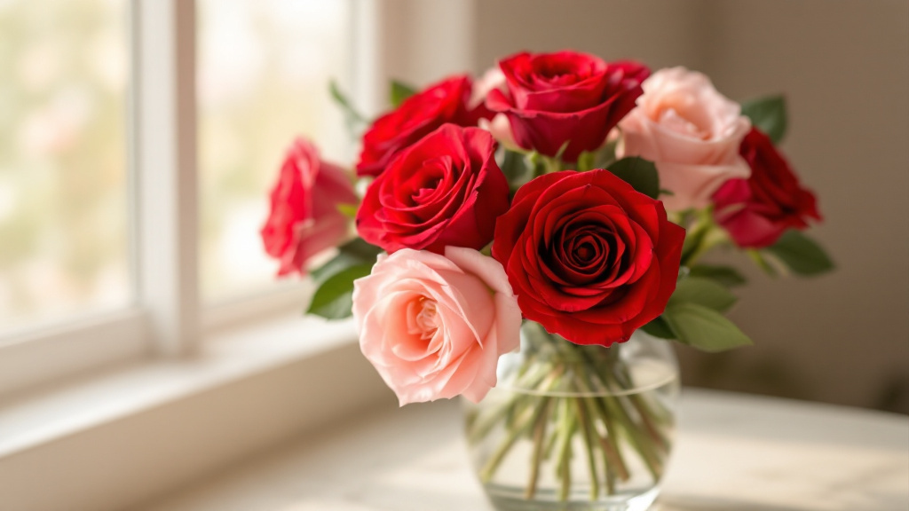 Rode en roze rozen in glazen vaas op marmeren tafel bij raam — rozen verzorgen in de vaas