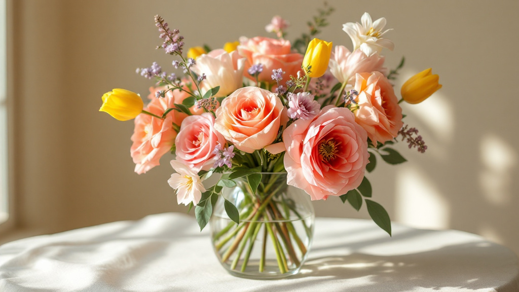 Vrolijk boeket met koraalroze rozen, gele tulpen en lila freesia's in glazen vaas — mooiste verjaardag bloemen