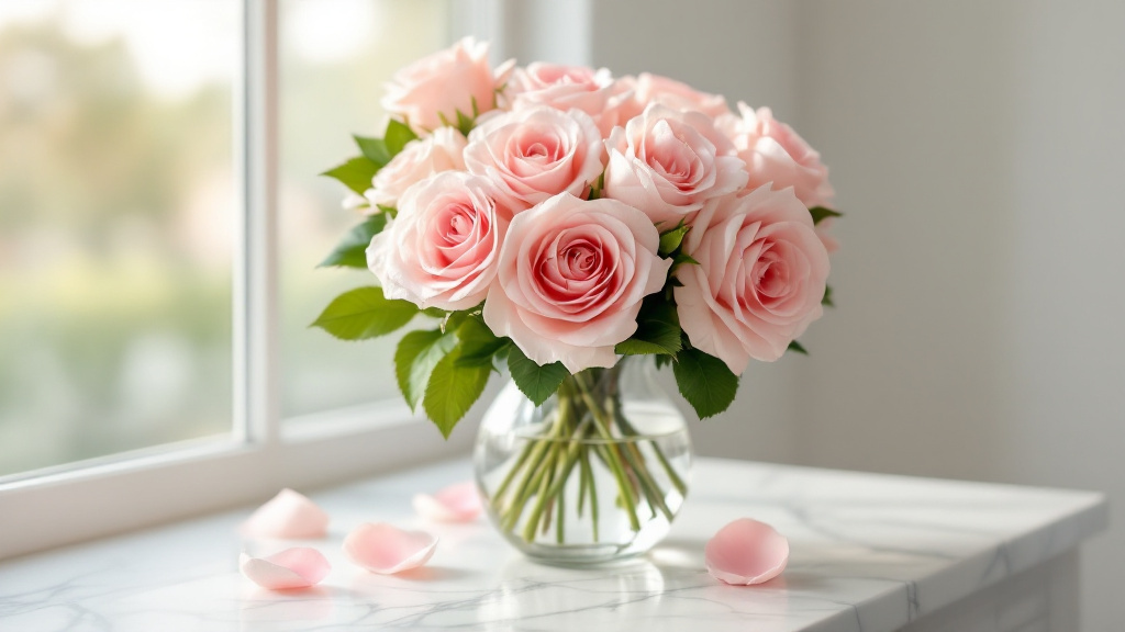 Roze rozen in glazen vaas op marmeren tafel bij raam, met waterdruppels op de verse bloemblaadjes