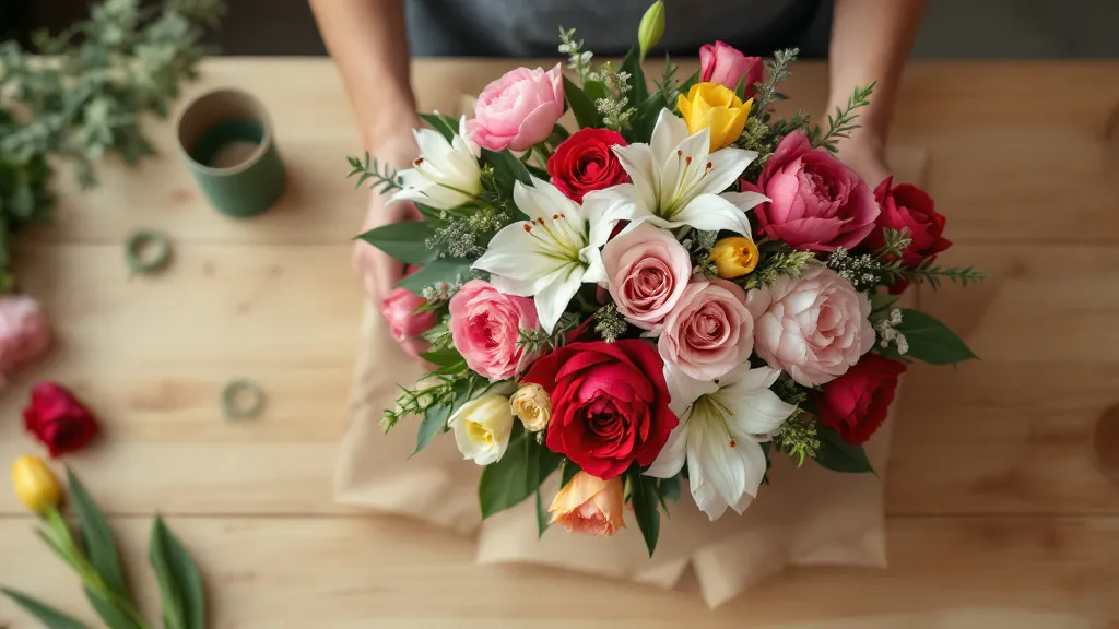 Bloemist bindt een vers boeket met rozen, pioenrozen, lelies en tulpen op een houten werktafel