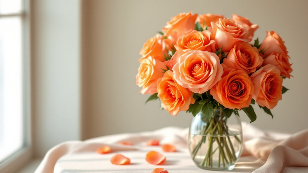 Oranje rozen in tinten van koraal tot amber in glazen vaas op crèmekleurig linnen, zacht natuurlijk licht