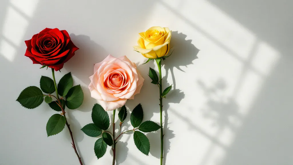 Rode, roze, gele en witte rozen naast elkaar op een crème linnen ondergrond — overzicht van rozenkleuren om te bestellen
