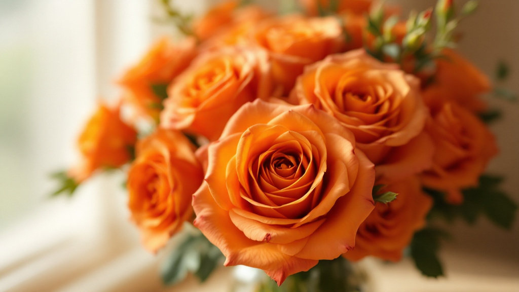 Weelderig boeket oranje rozen in glazen vaas — oranje rozen betekenis: enthousiasme en bewondering