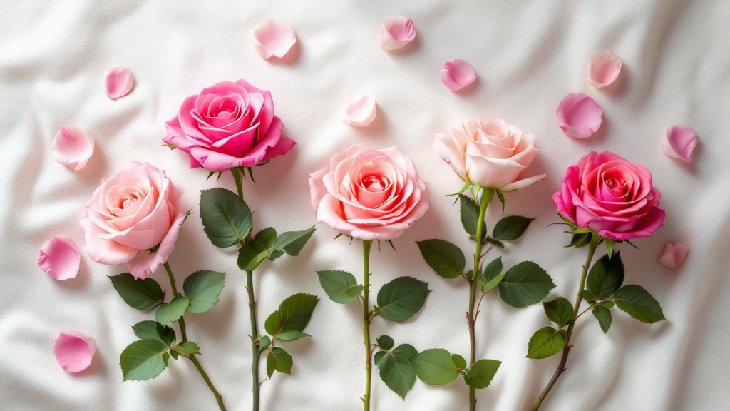 Vijf tinten roze rozen van blush tot magenta naast elkaar op crème linnen — welke roze rozen passen bij welke gelegenheid?