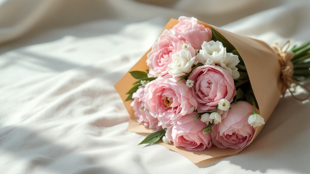 Soft pink peonies and white ranunculus wrapped as a gift in kraft paper on a cream linen surface