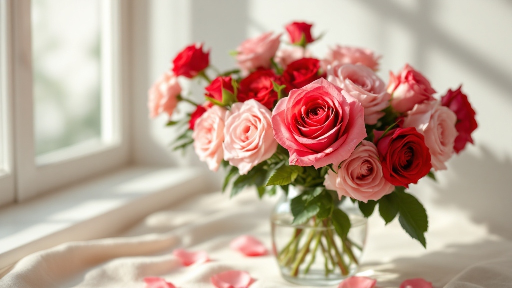 Rode en roze rozen in glazen vaas bij raam — mix van knoppen en bloeiende rozen voor maximale houdbaarheid
