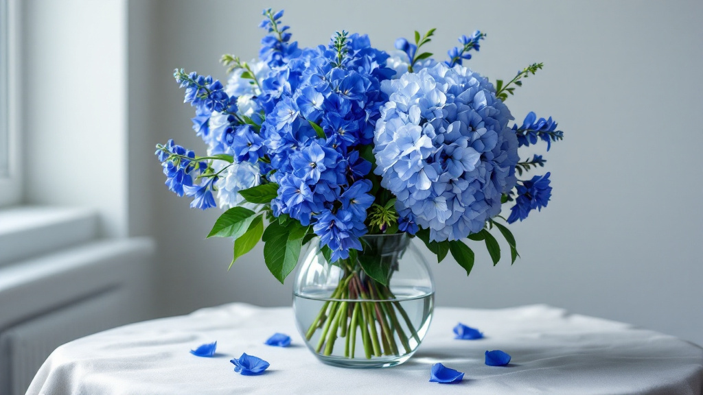 Blauw boeket met delphiniums en hortensia's in glazen vaas op linnen tafel — tips voor blauw boeket verzorgen