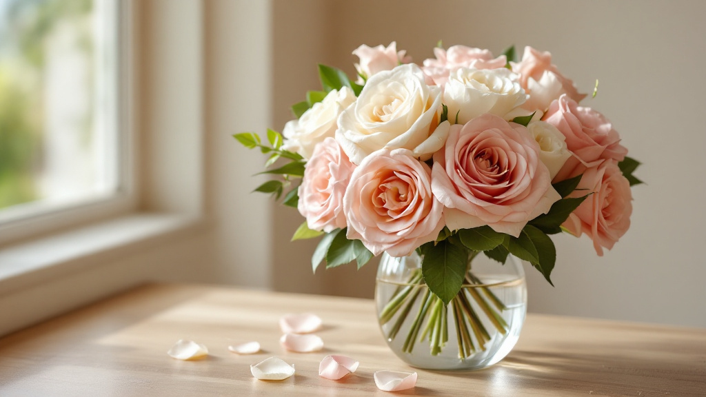 Gemengde rozen in roze, wit en mauve tinten in glazen vaas op houten tafel bij natuurlijk raamlicht