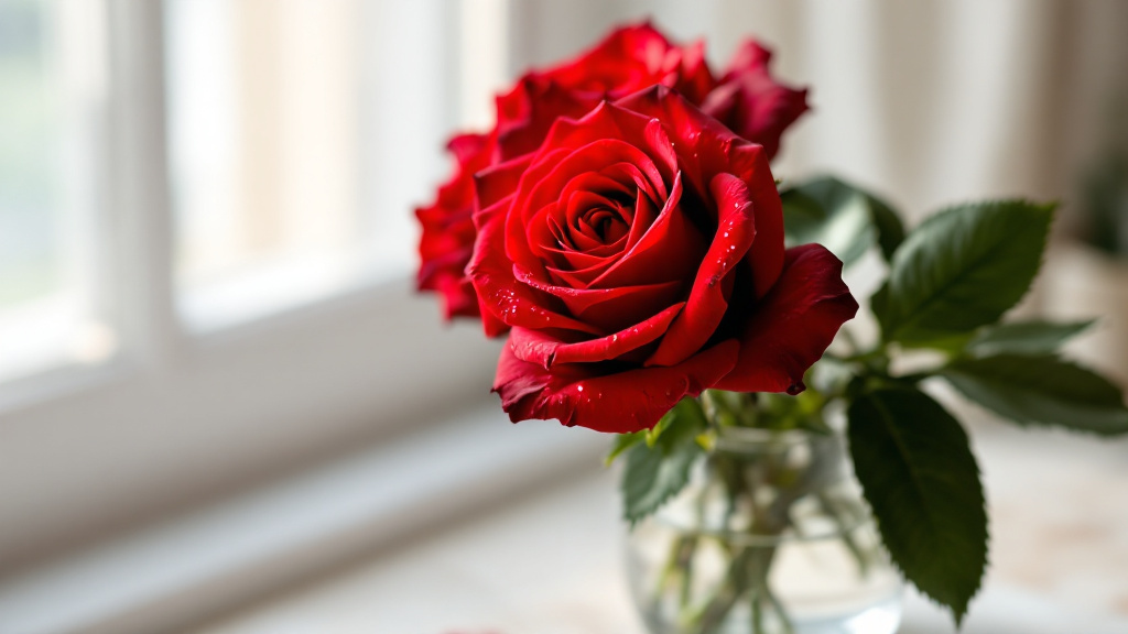Drie rode rozen in glazen vaas op marmeren ondergrond — tips voor optimale rode rozen houdbaarheid