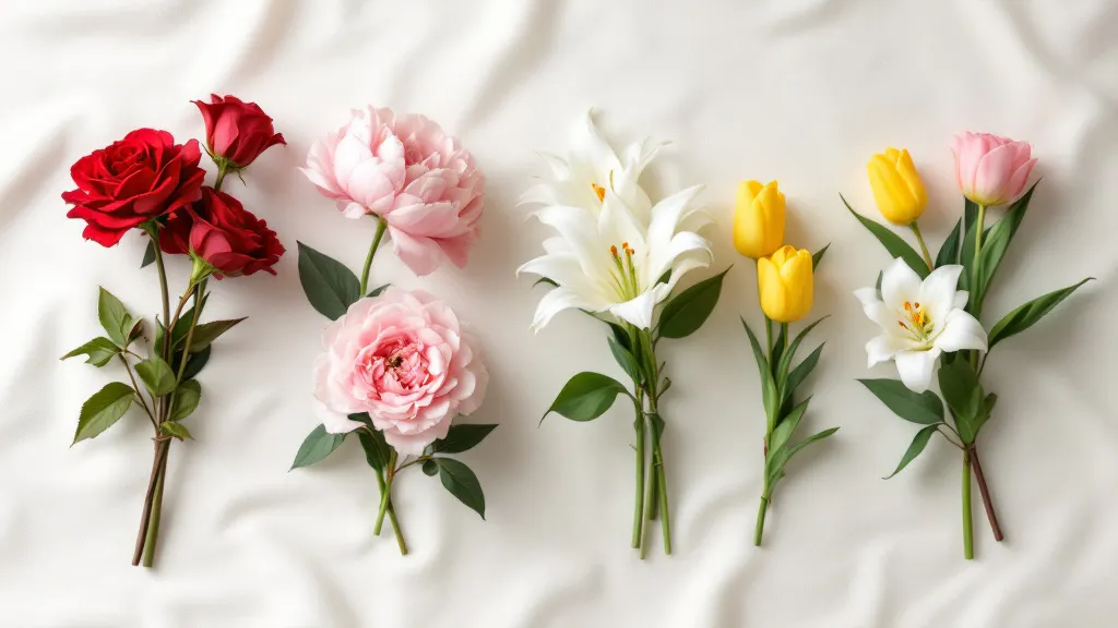 Rozen, pioenrozen, lelies en tulpen per soort gerangschikt als losse stelen op crème linnen ondergrond