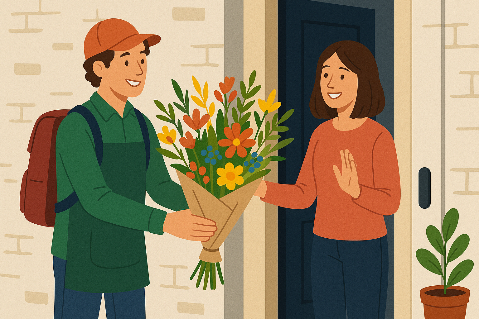 Tekening van bloemist met bos bloemen voor ontvanger bij voordeur