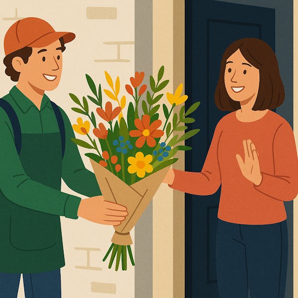 Tekening van bloemist met bos bloemen voor ontvanger bij voordeur