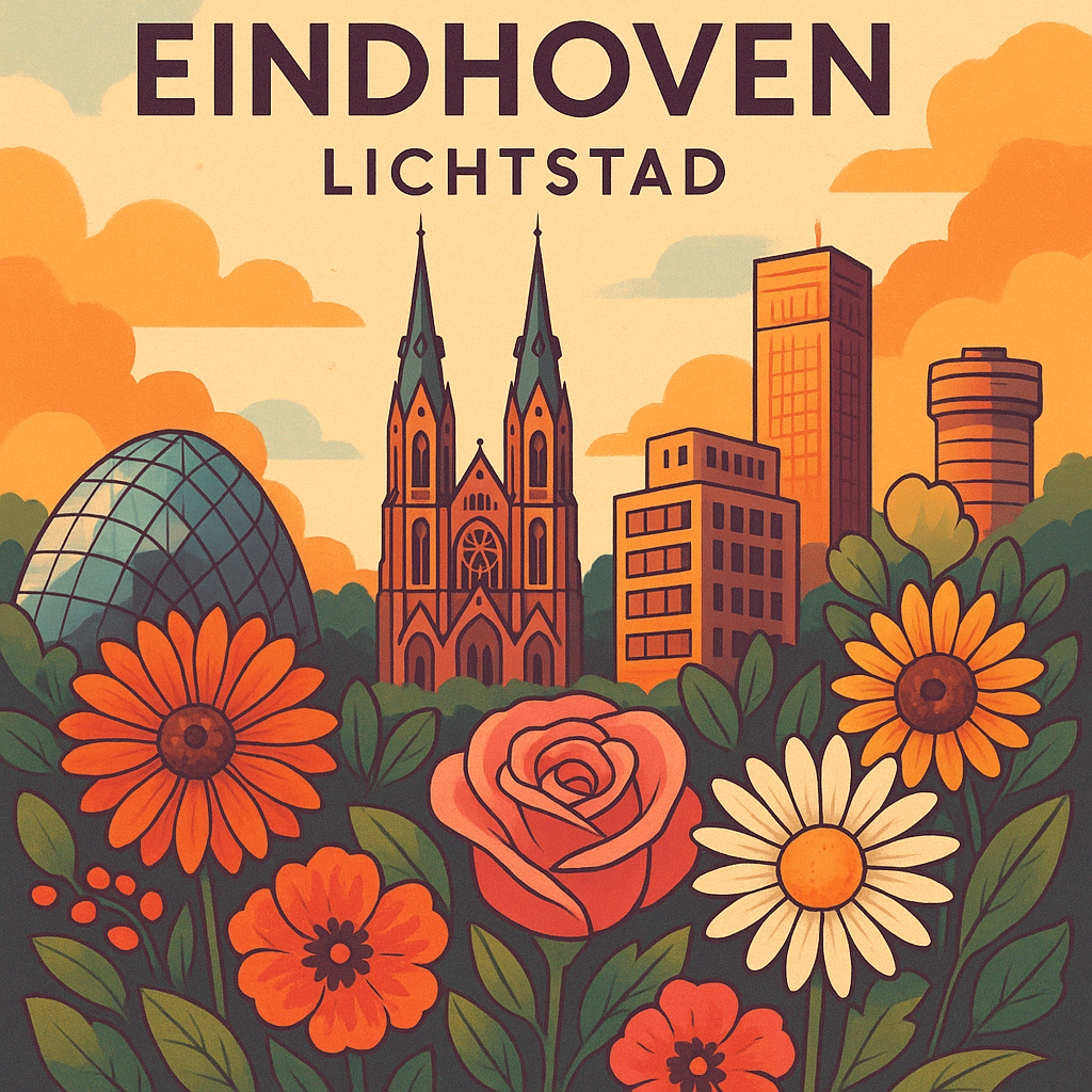 Eindhoven lichtstad met bloemen op de voorgrond