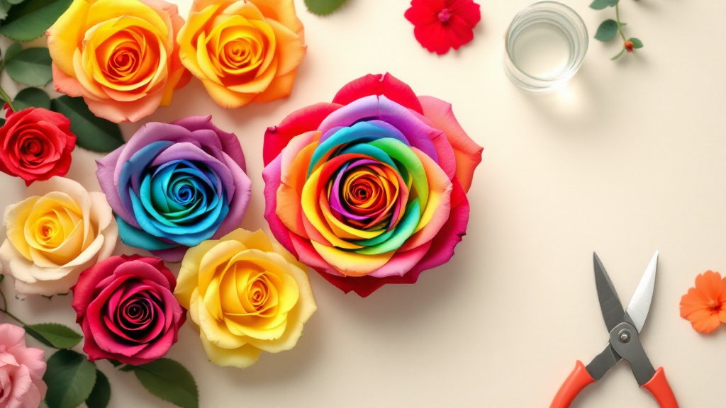 Regenboog rozen in rood, oranje, geel, groen, blauw en paars plat uitgelegd op crème ondergrond — regenboog rozen verzorgen