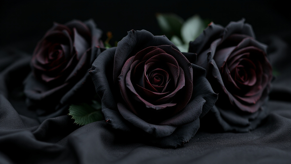 Drie fluweelzachte Black Baccara rozen in diep zwart-bordeauxrood op donker linnen, gefotografeerd in zijdelings natuurlijk licht