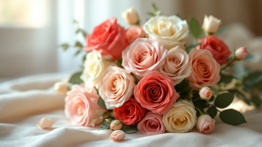 Gemengd boeket rozen in rood, roze, perzik en crème — elke kleur met eigen betekenis