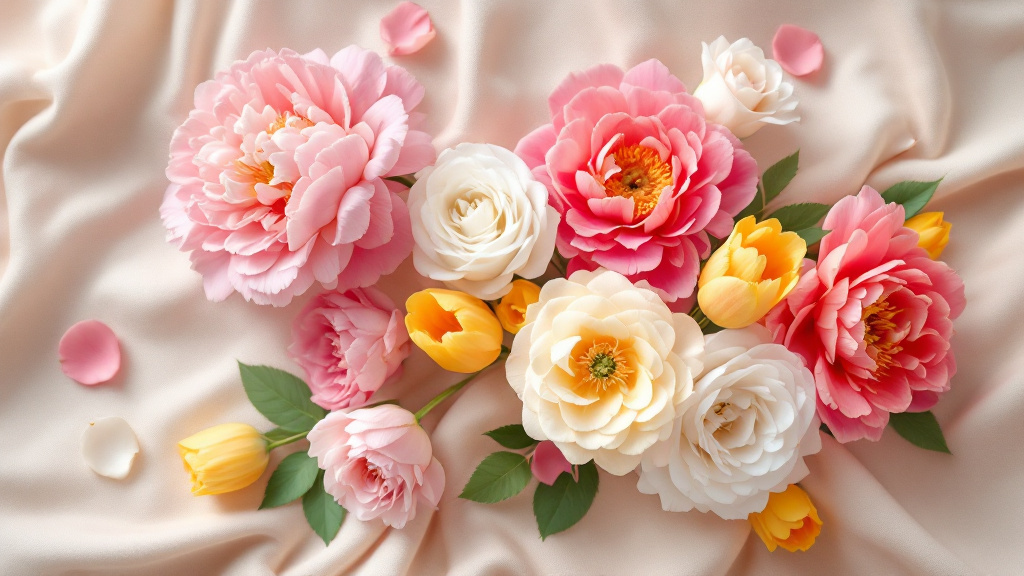 Weelderig verjaardagsboeket met roze pioenrozen, gele tulpen en witte rozen op cremekleurig linnen