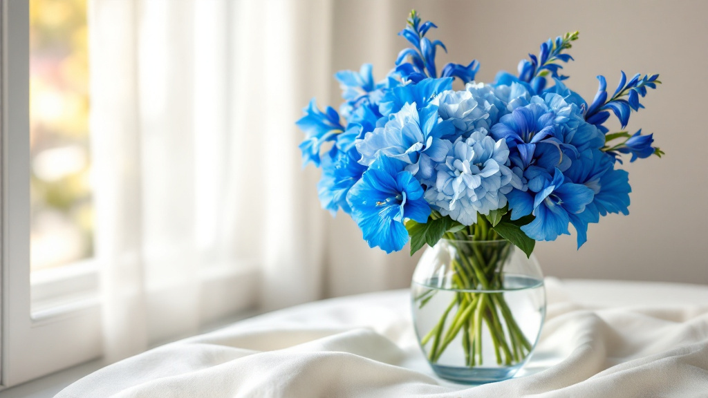 Blauw boeket met delfinium, hortensia en iris in glazen vaas bij raam — fris en kleurrijk