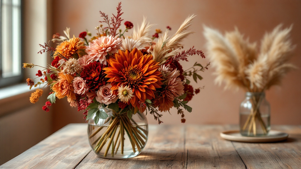 Herfstboeket met oranje dahlia's, bordeauxrode chrysanten en ranunculus op een houten tafel in zacht natuurlijk licht