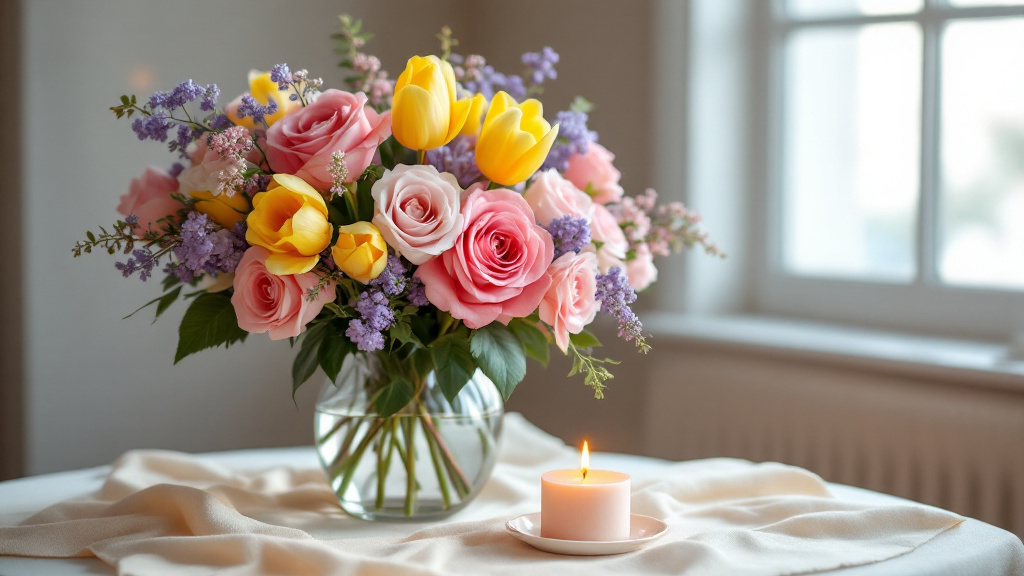 Kleurrijk verjaardagsboeket met roze rozen, gele tulpen en lila lisianthus in glazen vaas bij raam