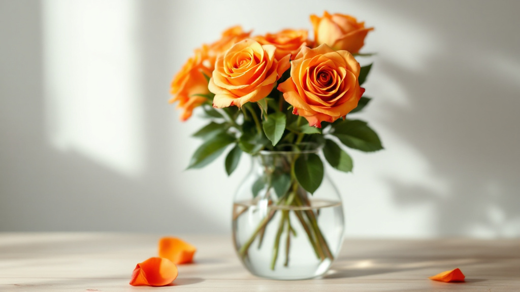 Oranje rozen in glazen vaas op houten tafel bij raam — warme koraal- en amberkleurige bloemblaadjes in zacht daglicht