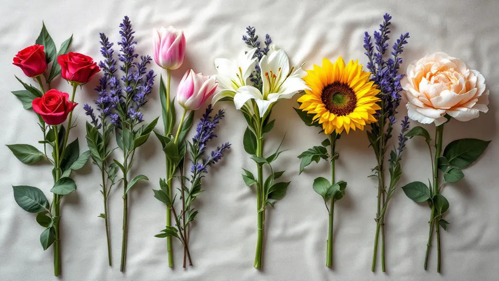 Verschillende bloemen per soort naast elkaar: rode rozen, roze tulpen, witte lelies en perzikkleurige pioenrozen op linnen ondergrond