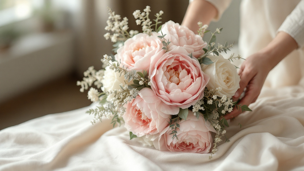 Hands tying a bouquet of pink peonies, white ranunculus and green foliage, bound with natural twine