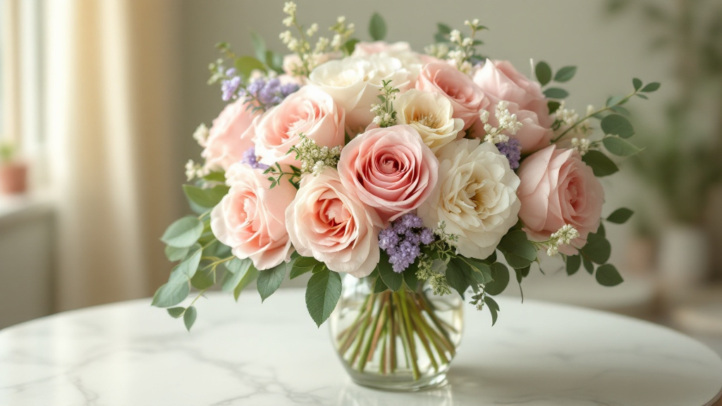 Rozen combineren met lisianthus, ranunculus en eucalyptus in glazen vaas op marmeren ondergrond