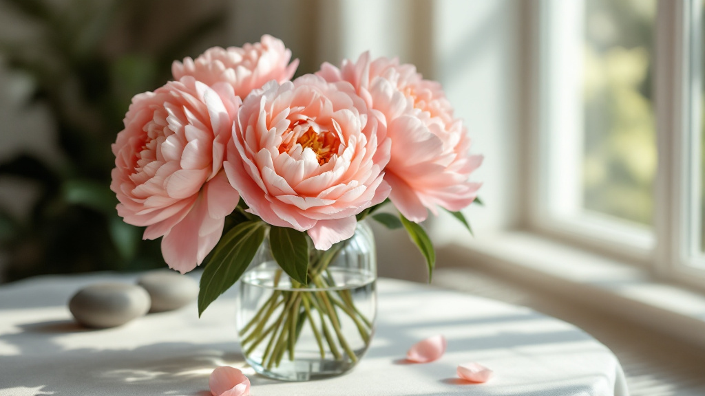 Roze pioenrozen in glazen vaas op linnen tafel bij raam — tips voor maximale pioenrozen houdbaarheid