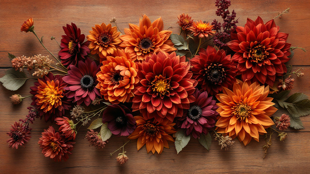 Oranje dahlia's en dieppaarse anemonen in een herfstarrangement op een eikenhouten tafel — bloemen herfst bloei