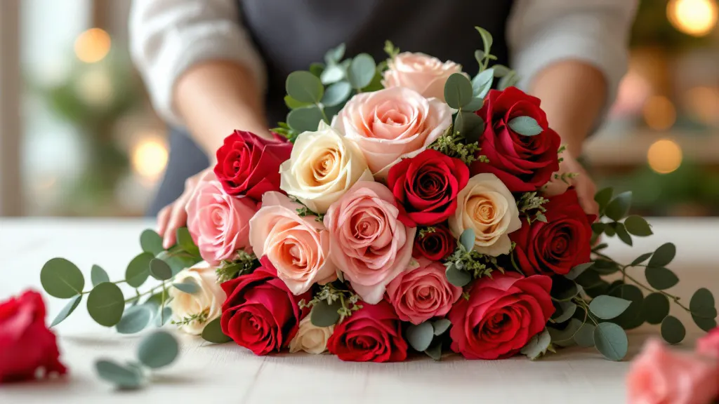Lokale bloemist bindt een boeket rode en roze rozen op een houten werktafel — rozen bestellen via Regiobloemist.nl