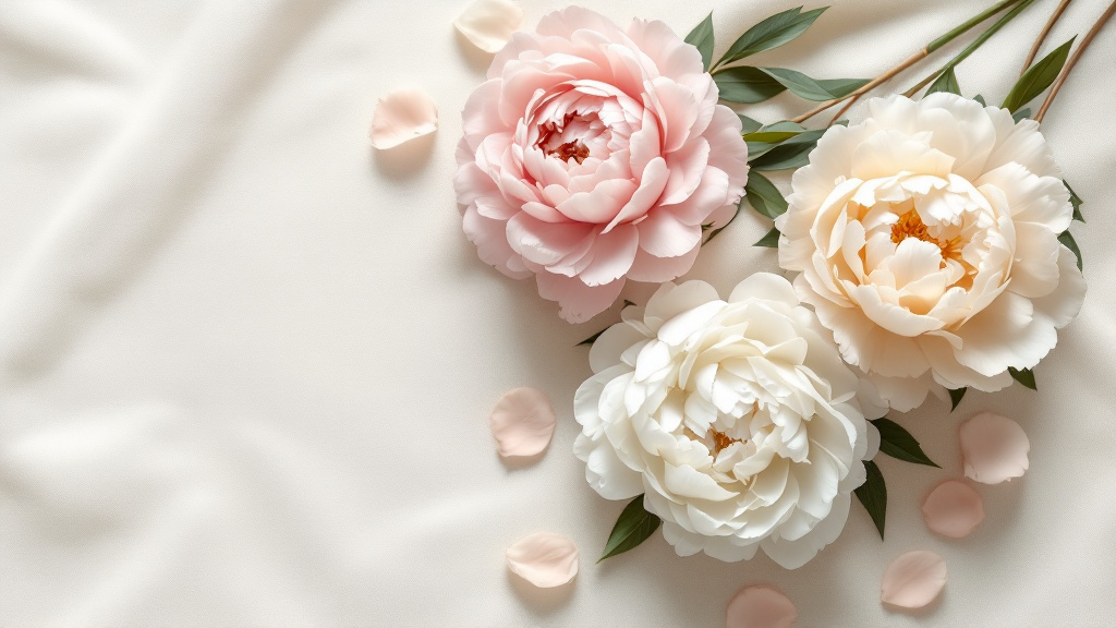 Drie roze en witte pioenrozen in bovenaanzicht op crème linnen — pioenrozen betekenis in kleur en symboliek